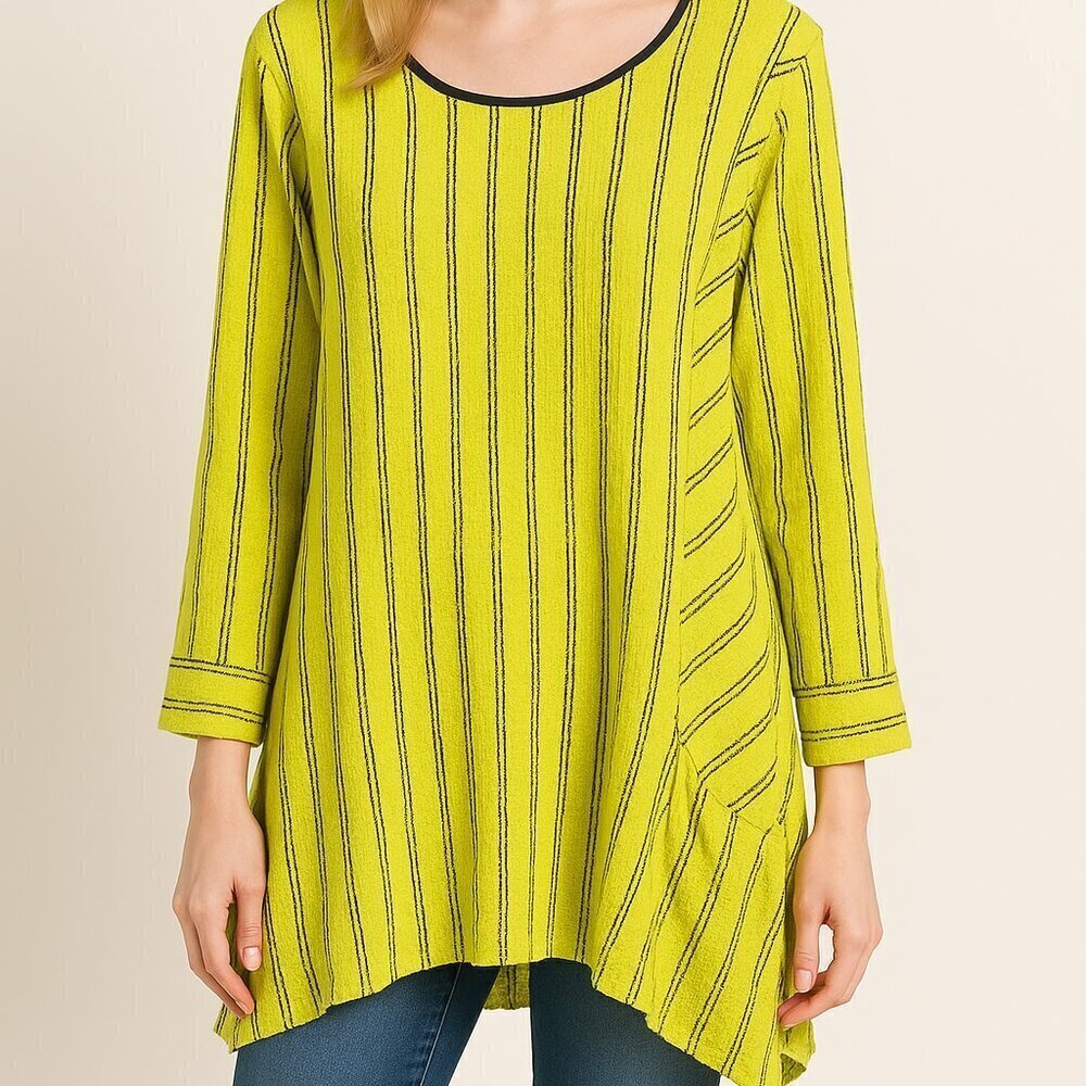 Ali Miles Pinstripe Tunic Size 1X Yellow Black 3/4 Sleeves Pockets Artsy Flowy